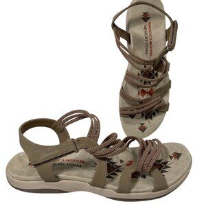 Skechers Reggae Slim Sport Sandals Womens 10 Beige Tan Slip On Shoe Memory Foam